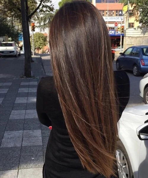 Sleek long glossy dark brown hair cascading straight down the back