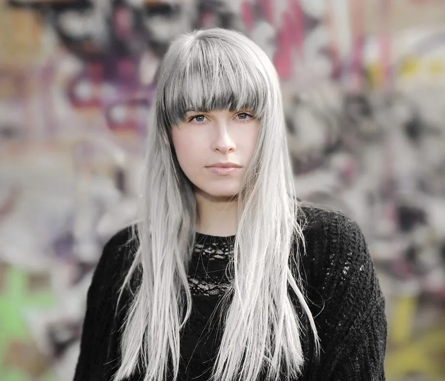 long grey hair with bangs