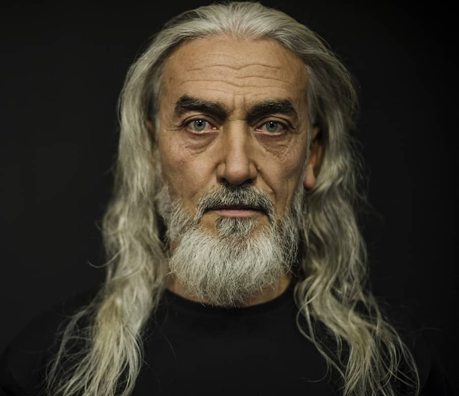 long grey hairstyle for older men