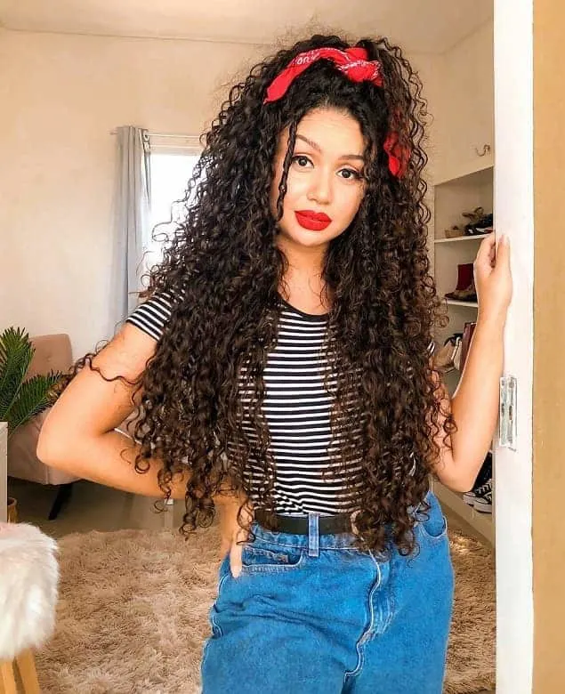 long layered curly hair with bandana