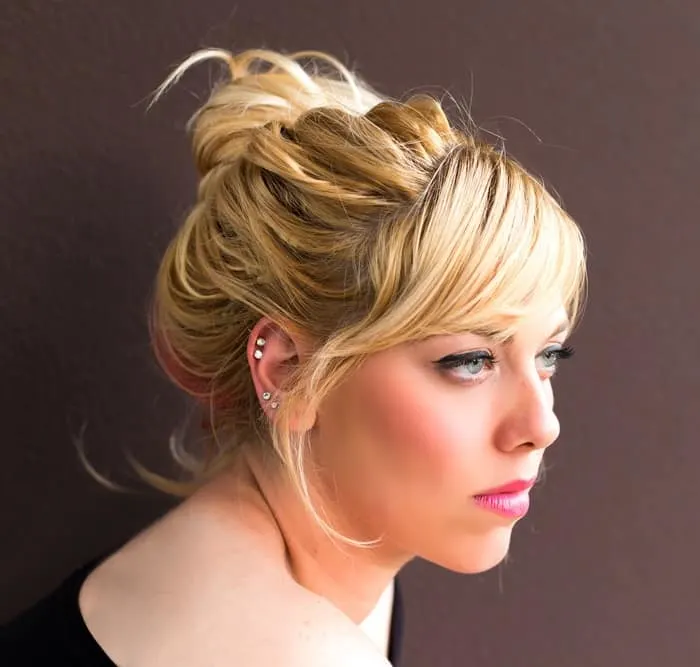 long layered updo with bangs 