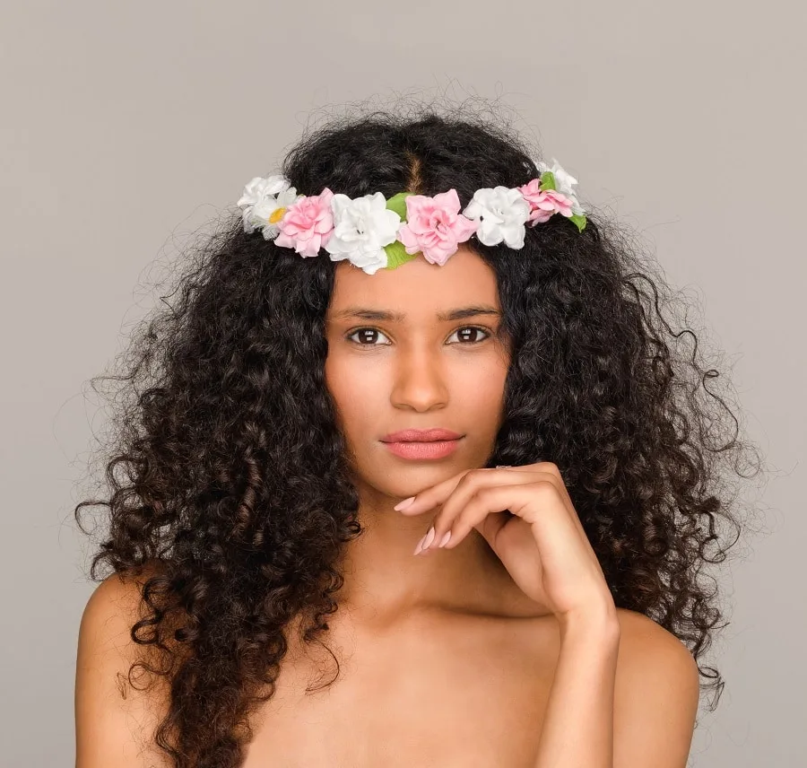 long perm hair with flower crown