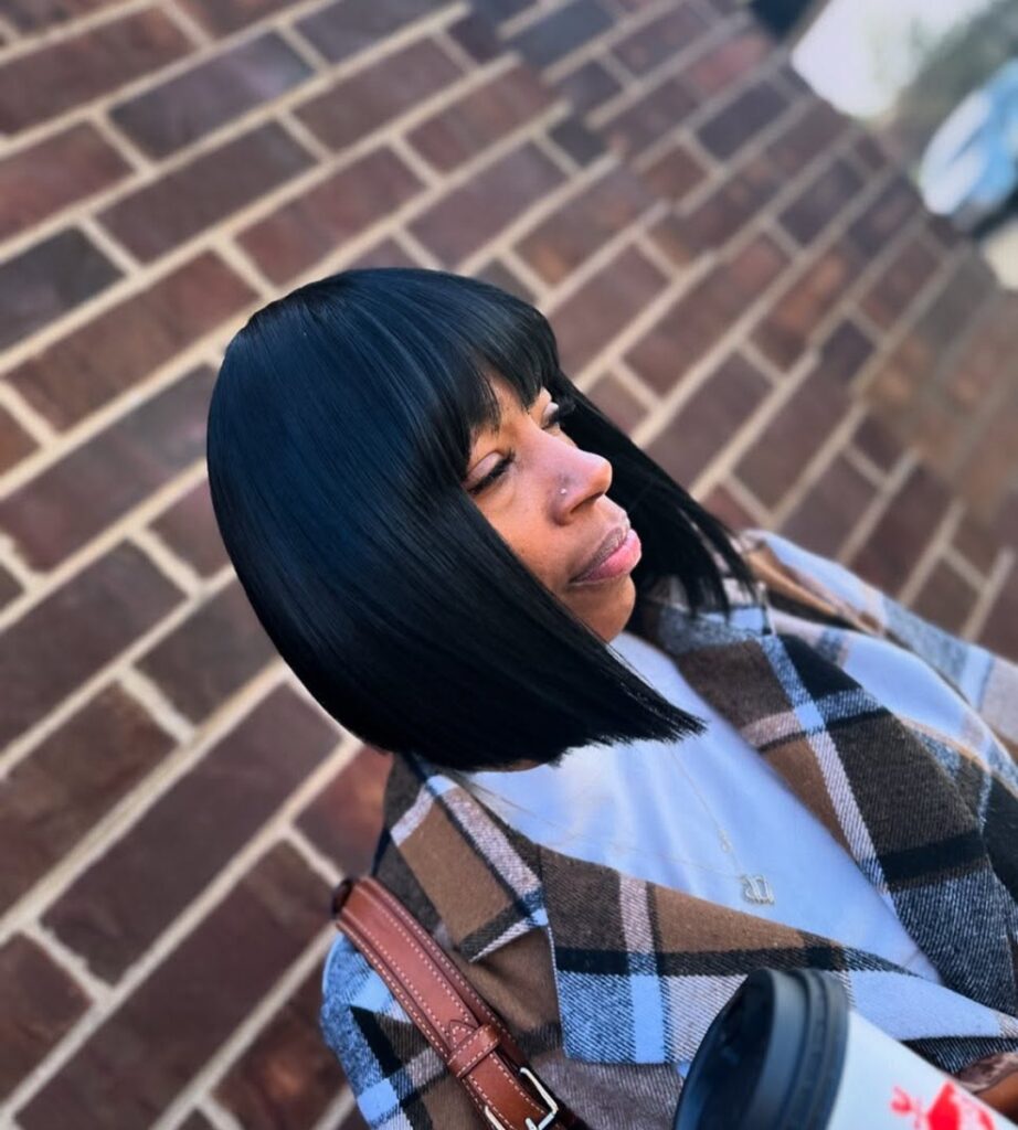 long sew in bob with blunt bangs