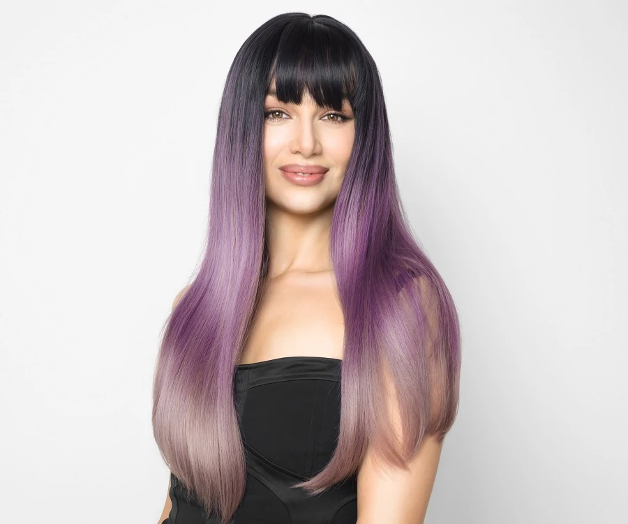 long straight dyed hair with bangs
