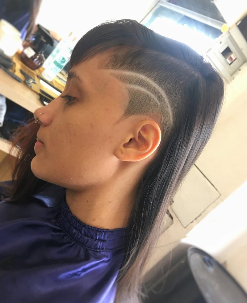 silver long hair with a deep side part and side undercut