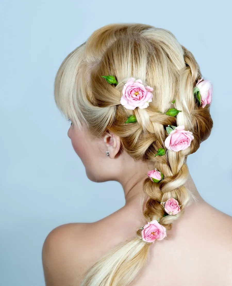 long wedding hairstyle with flowers
