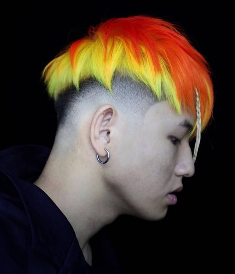 low skin fade with colored hair for Asian men