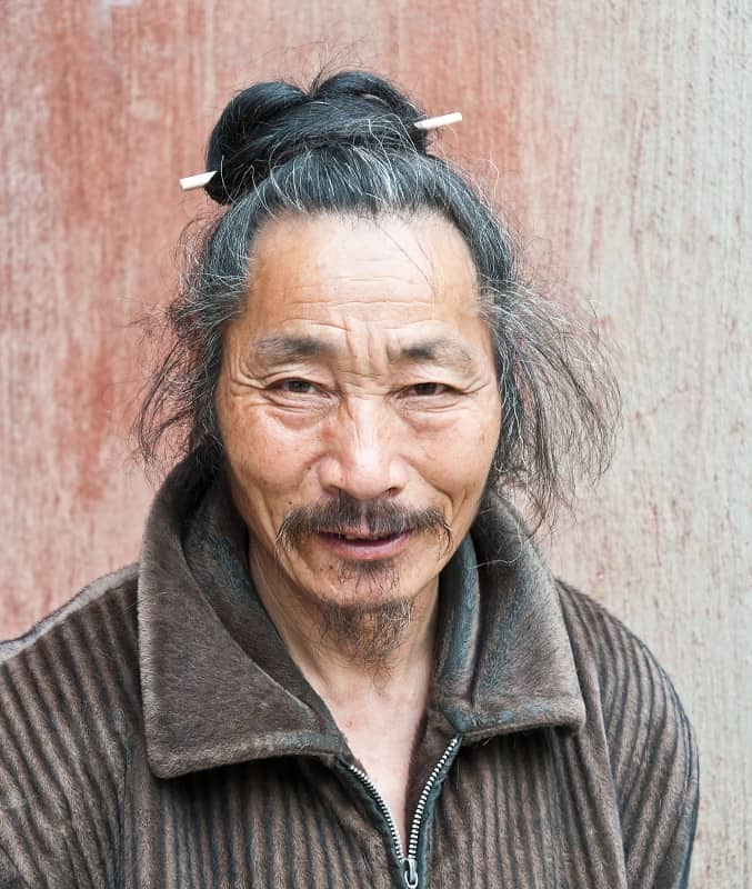 man bun for older Asian guy