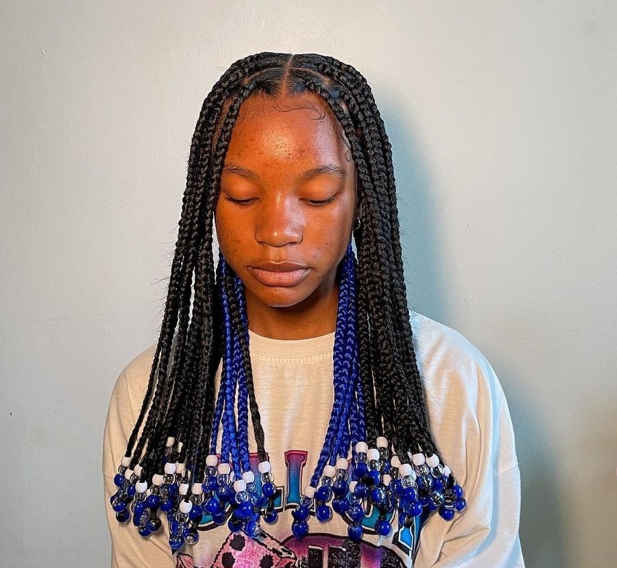 Black and blue medium braids without knots with beads
