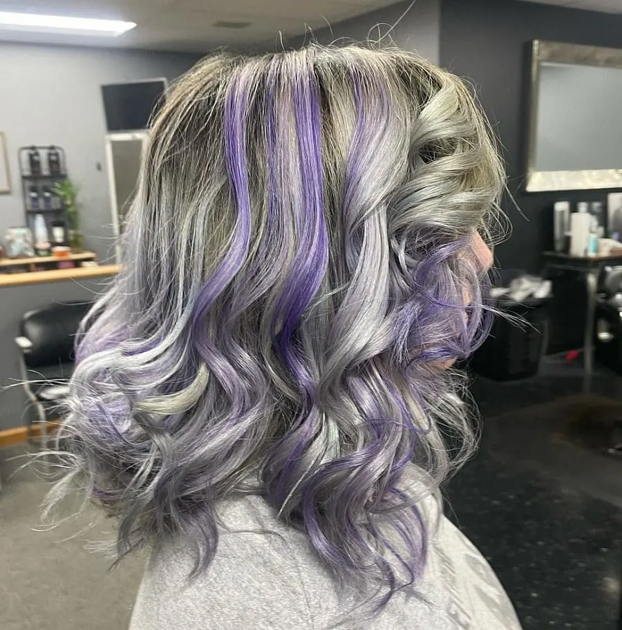 medium gray hair with purple highlights