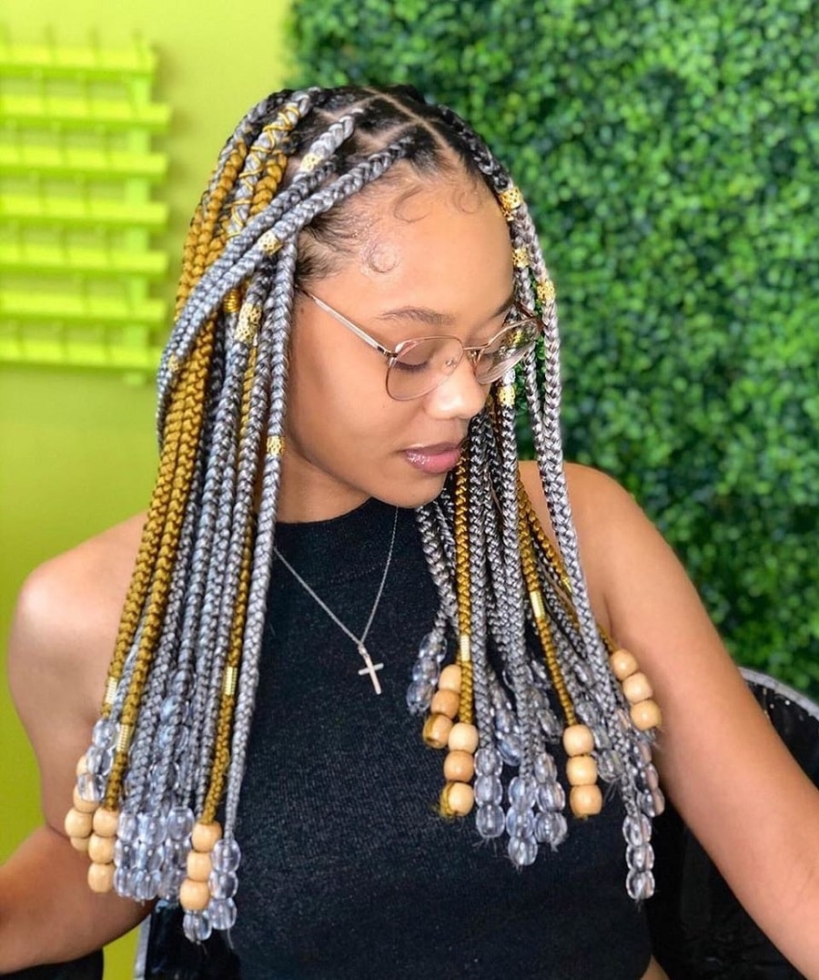 medium knotless braids and beads with color