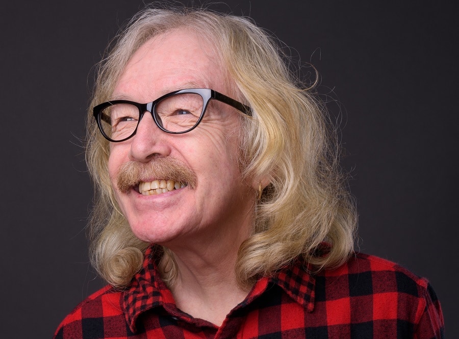 medium length hairstyle for old blond men with glasses
