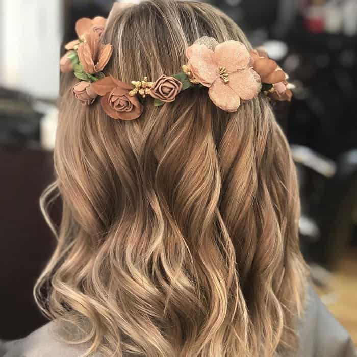 thick medium length hairstyles with flower crown