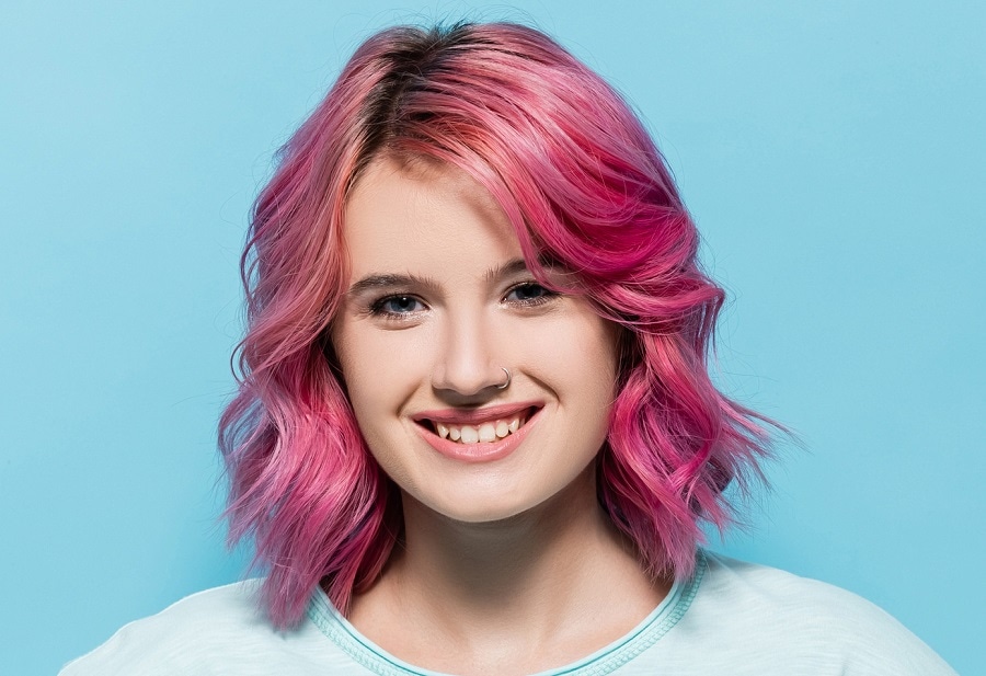 Medium length pink hair for a square face