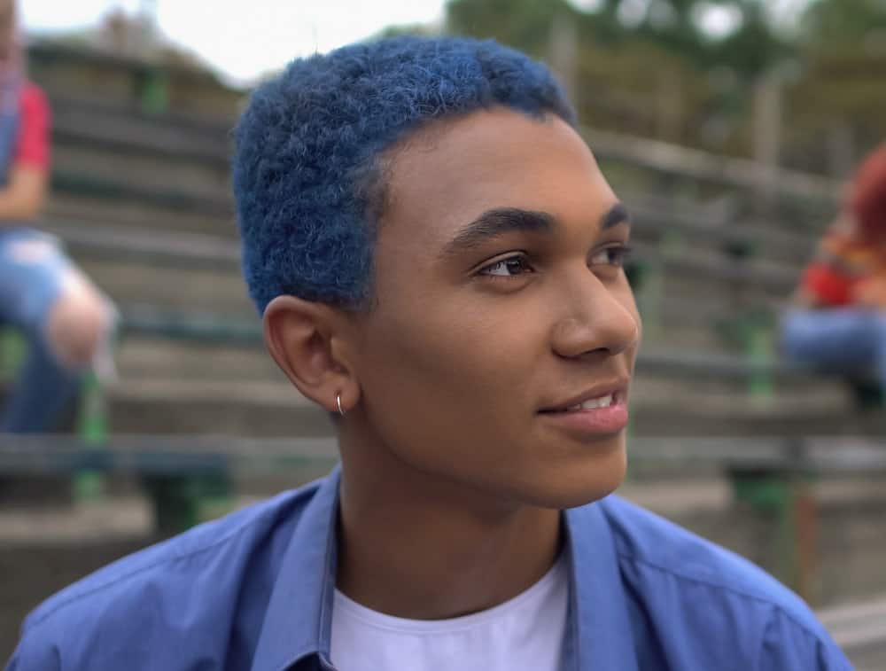 men with blue afro hair