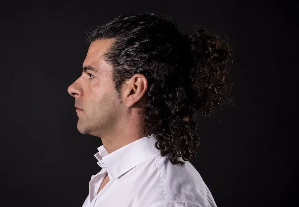 men's half up curly ponytail