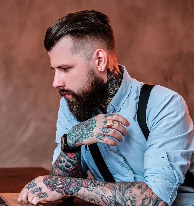 men's long top short sides hair with beard