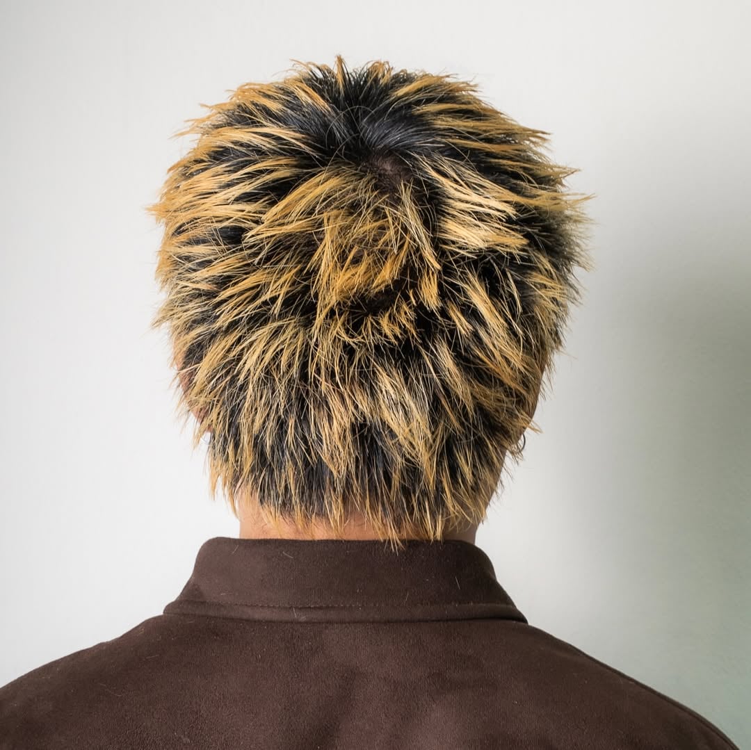 short spiky haircut with blonde highlights