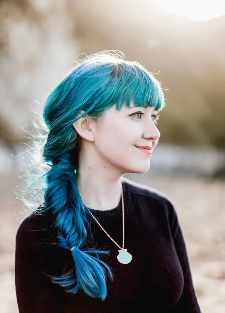 Fishtail Plait and Bangs on mermaid blue hair