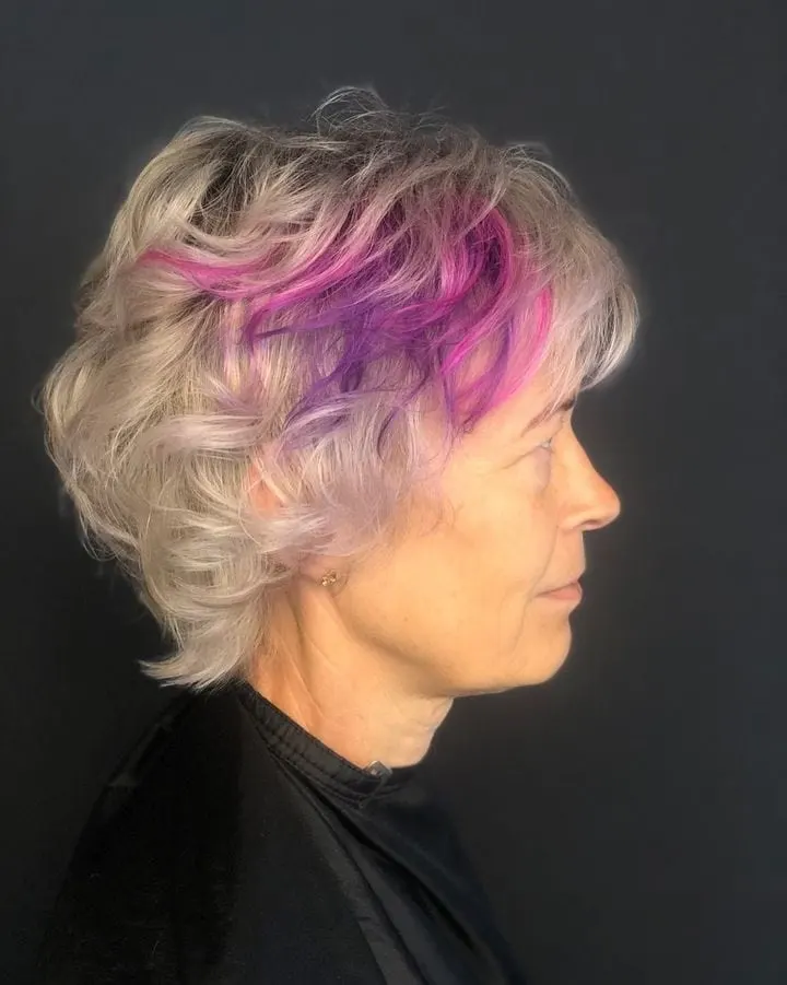 messy gray hair with purple highlights