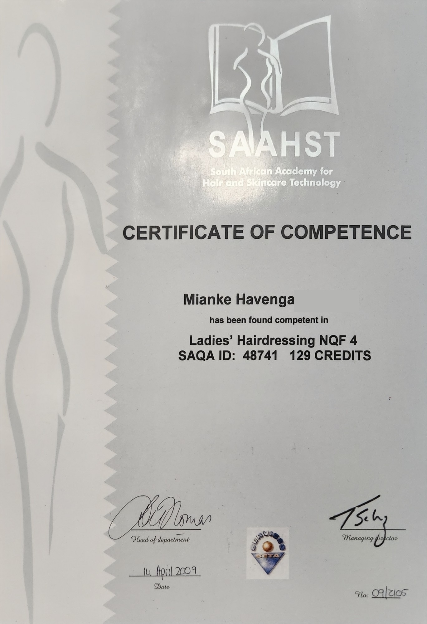 SAAHST Ladies Hairdressing NQF 4 certificate of competence of Mianke Fourie