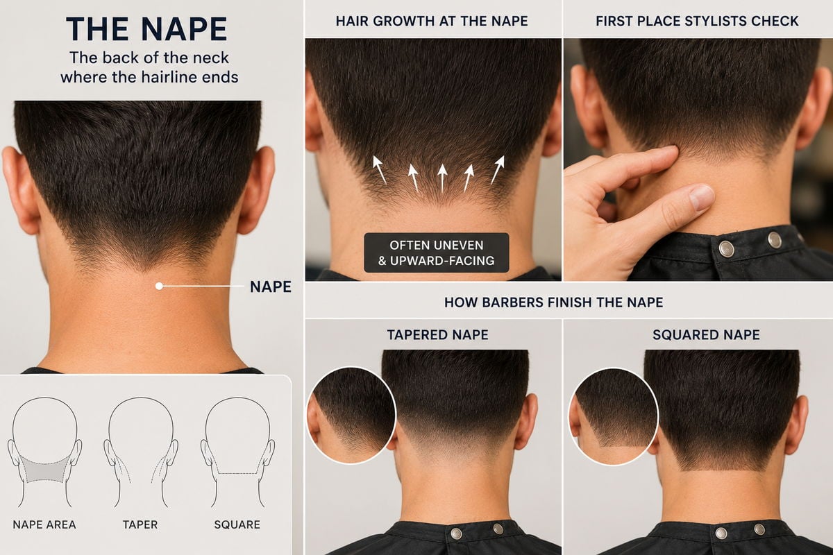 The nape hairline at the back of the neck, with tapered and squared finishes compared