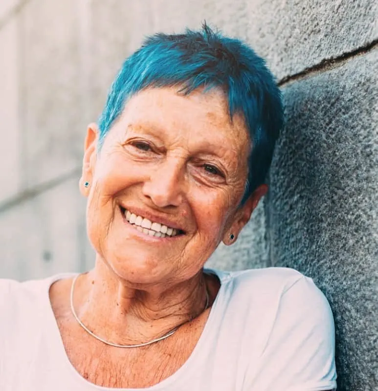 old woman with short blue hair