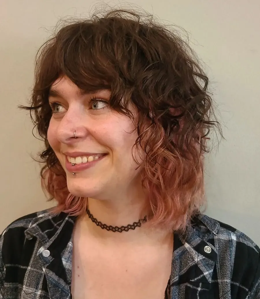 ombre curly hair with curtain bangs
