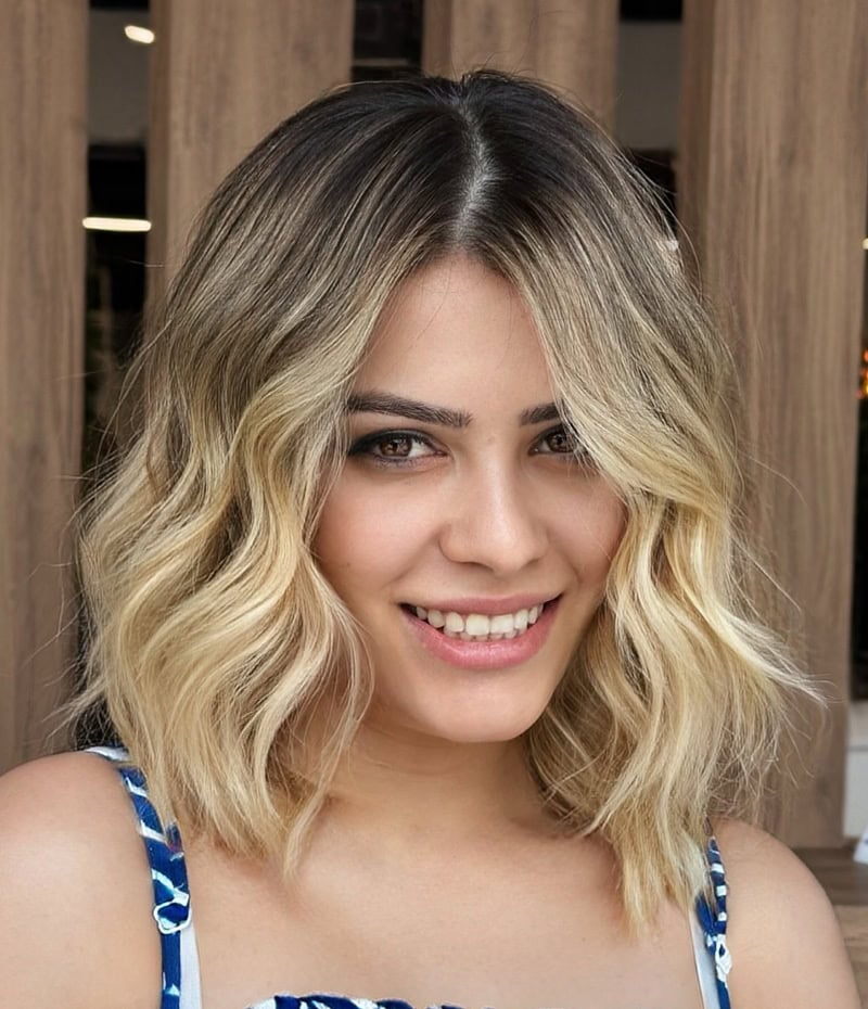 short wavy bob with dark roots and blonde ombre highlights