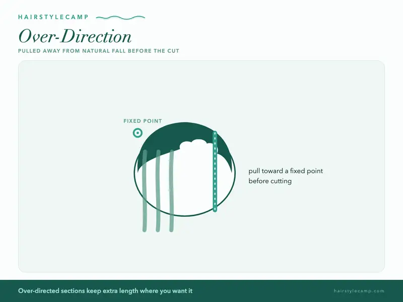 Animated diagram of over-direction: pulling a section away from natural fall before cutting
