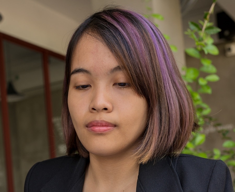 pastel purple highlights on dark Asian hair