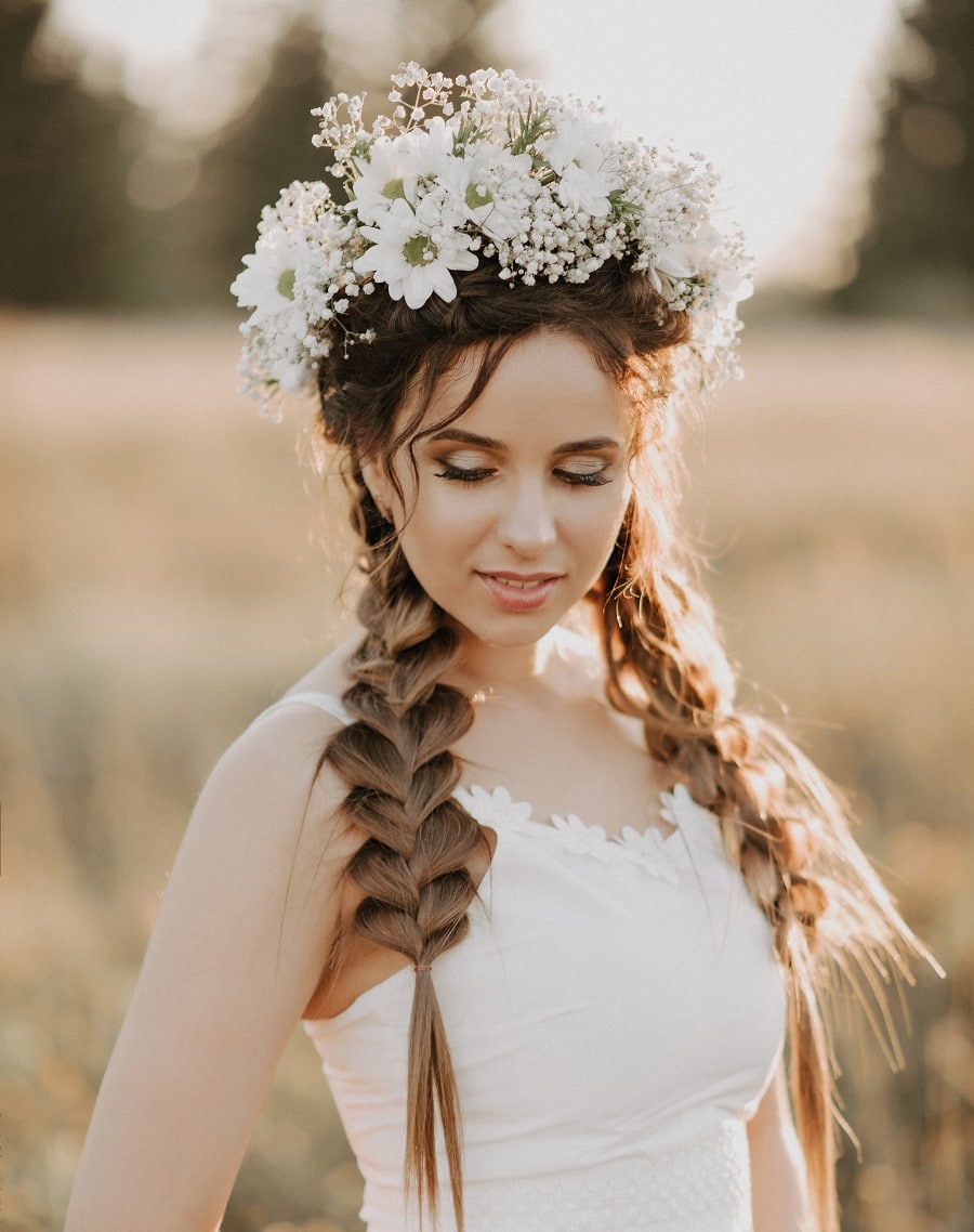 pigtail braids with flowers for wedding