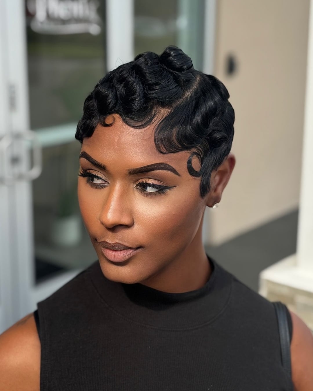 short hair pin curl waves on black pixie cut