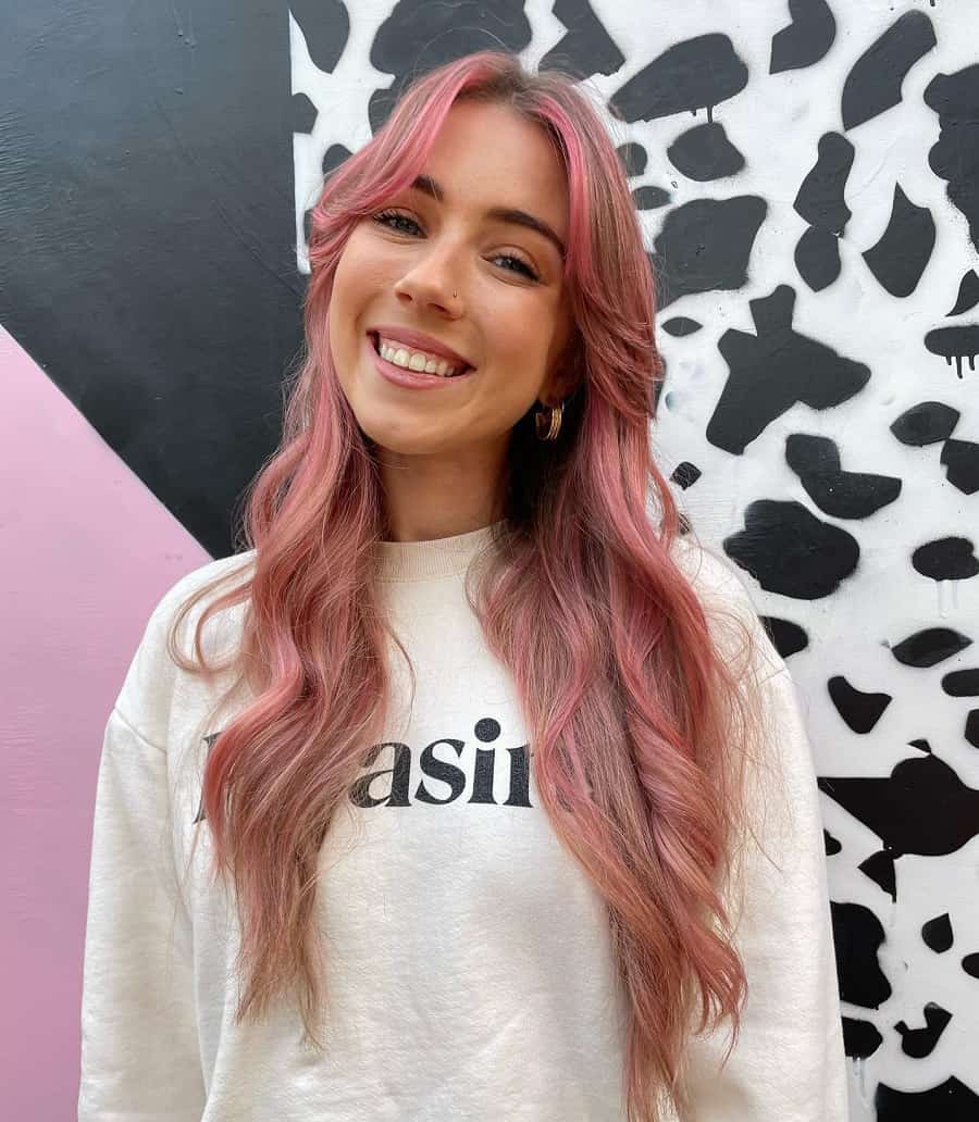 pink balayage hair with bangs