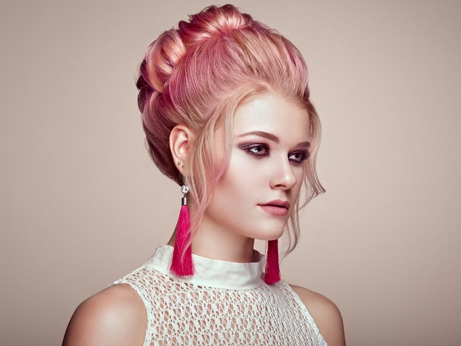 pink hair updo for high neck dress