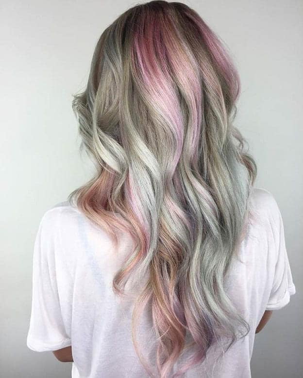 Pink Highlights on Ashy Grey Blonde Hair