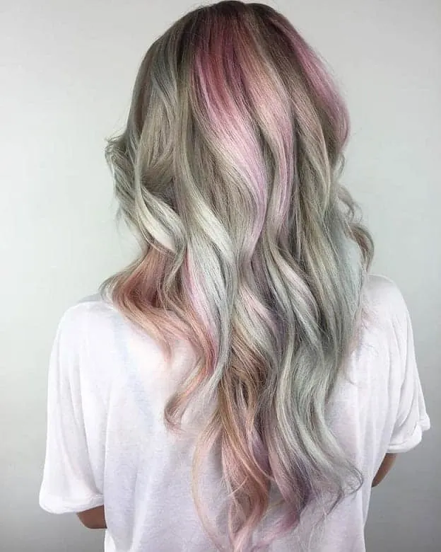 Pink Highlights on Ashy Grey Blonde Hair