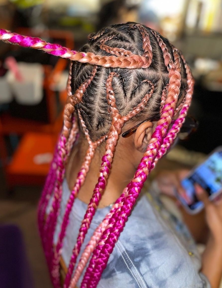 pink knotless braids with heart design