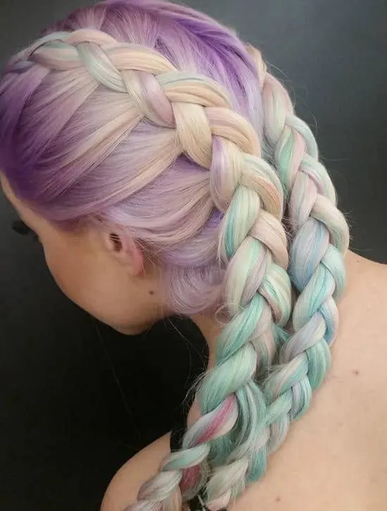 purple, pink and blue twin tail braids