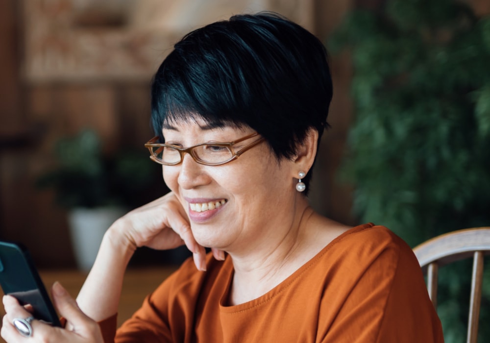 pixie cut for Asian older ladies with glasses