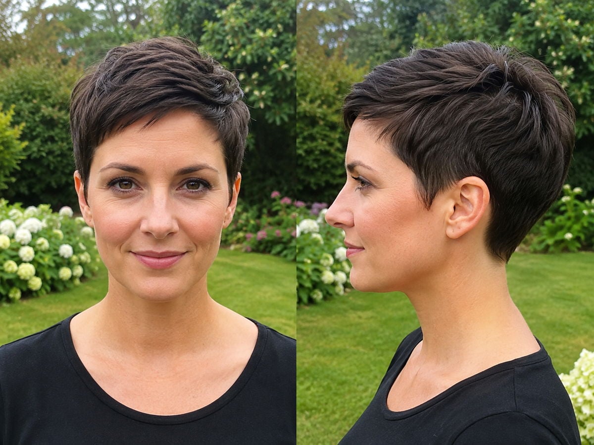 Short pixie cut shown from the front and side, cropped close at the back and sides with more length on top