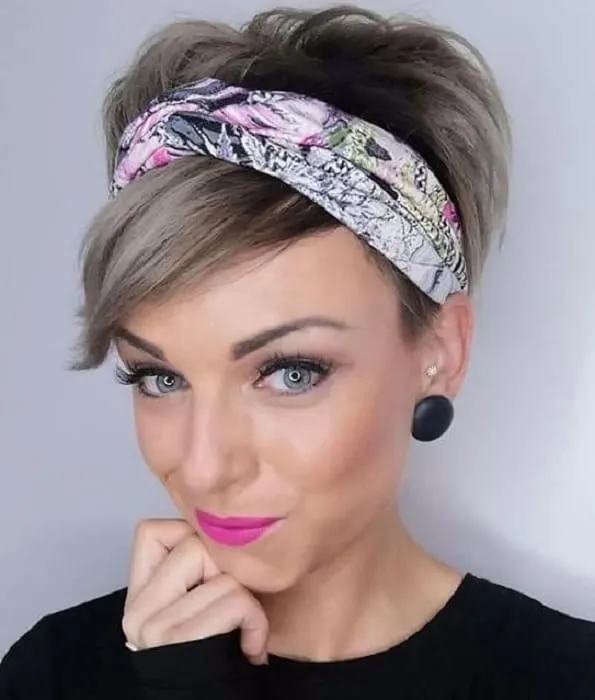 pixie with long bangs and bandana