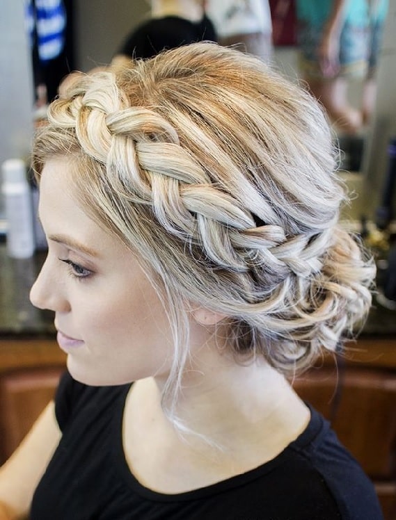 crown braid with platinum blonde highlights