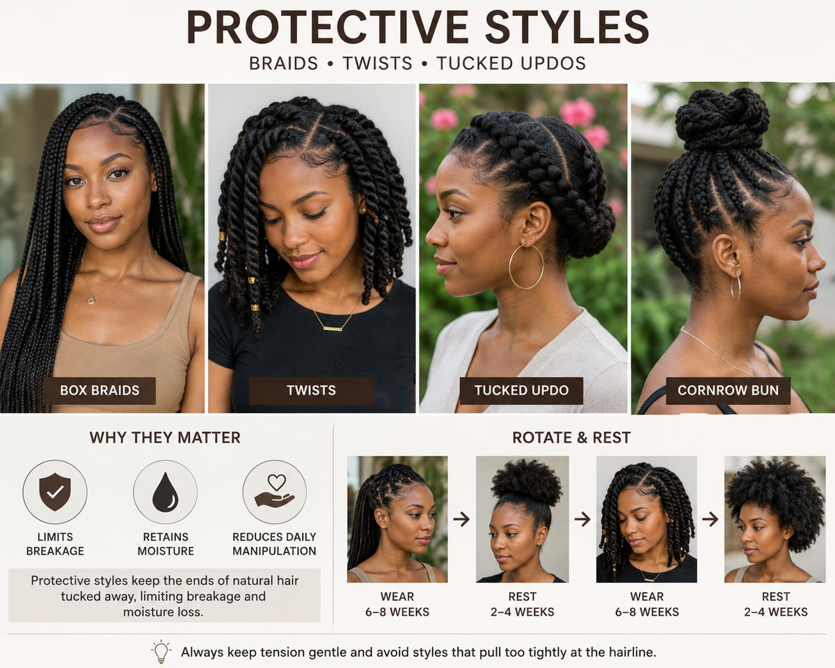 Protective styles for natural hair: box braids, twists, a tucked updo, and a cornrow bun