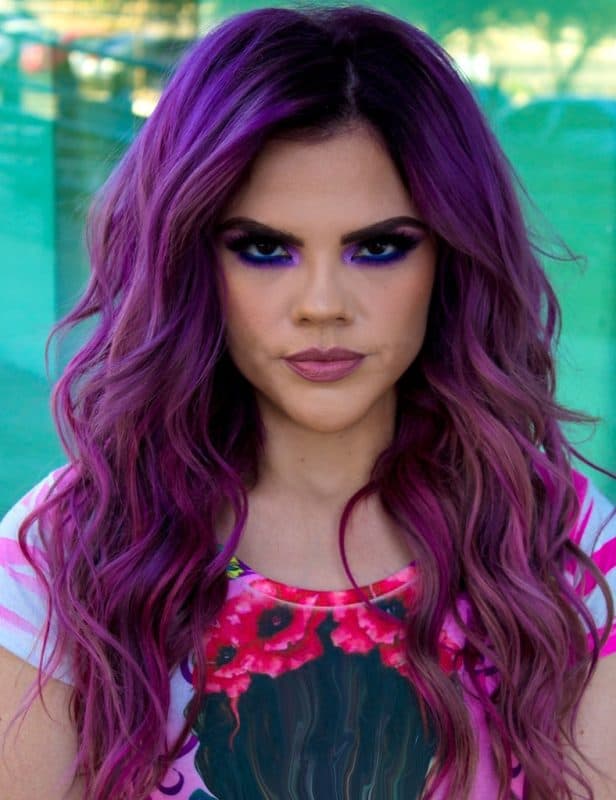 purple balayage hair with shadow root