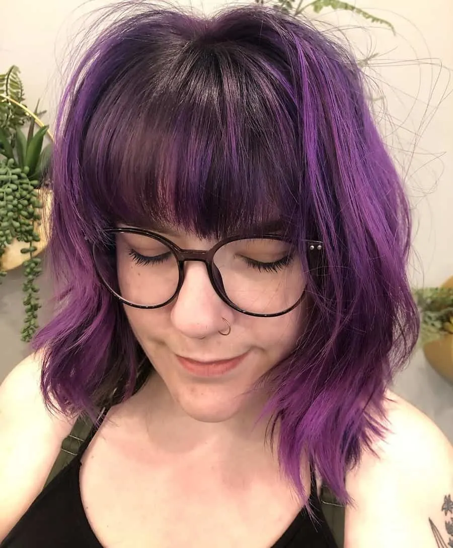 purple balayage with bangs