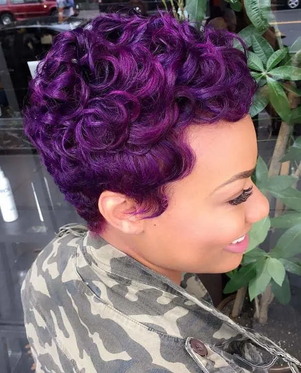  Curly Purple Pixie Cut
