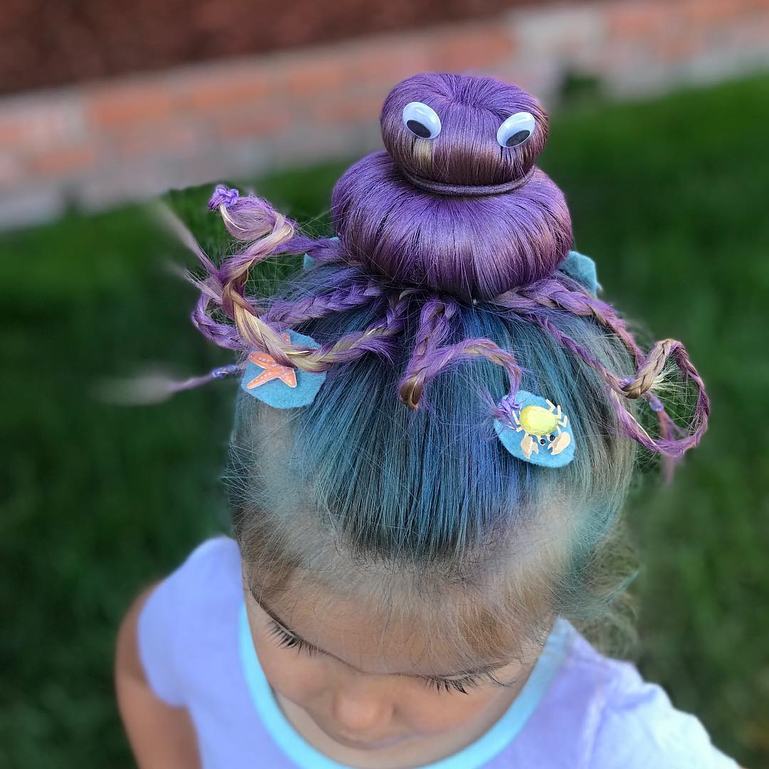 Toddler girl hairstyle featuring a purple octopus bun