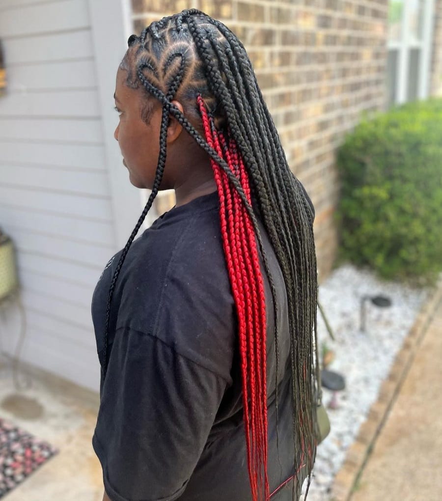 red and black knotless braids with heart design