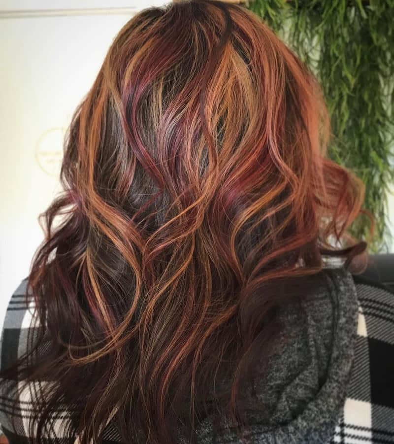 red and blonde highlights on brown hair